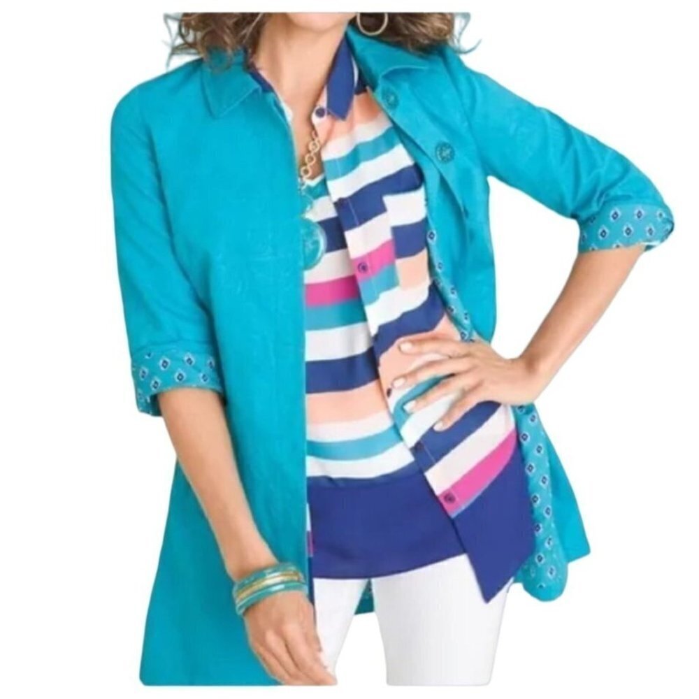 NWT Chicos Size 4 XL Algiers Blue Pleat Topper Jacket Roll Cuff 3/4โ Sleeve